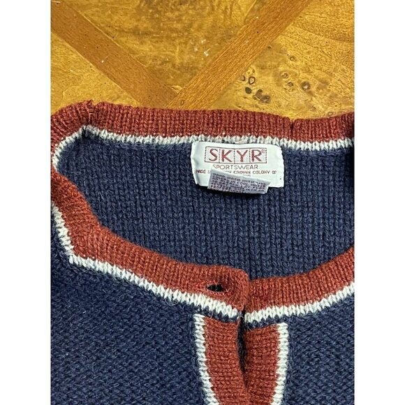 90s Vtg Womens Skyr Shetland Wool Cardigan Sweater Button Front Blue Red 38 Flaw - Picture 7 of 11